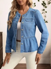 EMERY ROSE Women's Casual Everyday Washed Button-Front Ruffle Hem Denim Jacket - Blue - View 3