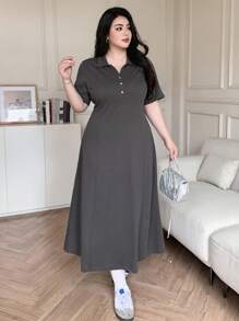 Dazy Plus Solid Color Polo Collar Slim Fit Short Sleeve Casual Long Dress For Summer