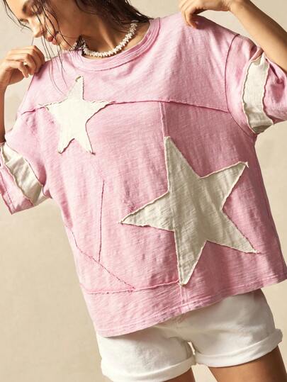 Bohemela 大码夏季休闲拼色星星贴花T恤
