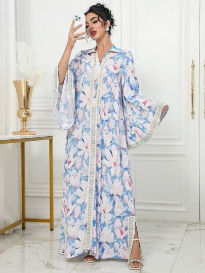 Yasmyna 刺绣亮片装饰带浪漫花卉印花夏季女式土耳其和阿拉伯长袍
