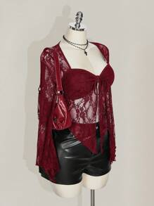 SHEIN ICON 加大码方领蕾丝喇叭袖前系带性感衬衫 - 酒紅色 - 查看 4
