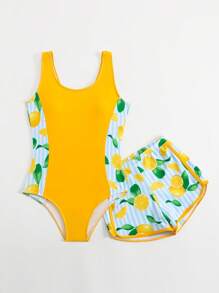 SHEIN 青少年女童泳衣/连体泳衣/印花图案/两件套 小女孩夏季服装 小女孩套装 黄色 女童泳衣套装 儿童 儿童泳衣套装 - 彩色 - 查看 5