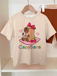SHEIN Leap Crew Cute Cartoon, Capybara Print, Cute Bow Anime Print, Tween Girls Casual Short Sleeve T-Shirt And Shorts 2 Pieces Set, Suitable For Summer - Multicolor - View 5
