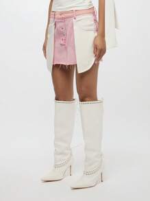 SUMWON WOMEN 内外重组拼接不对称纽扣前高腰迷你裙节日夏季春季做旧磨损原始下摆 - 粉色 - 查看 6