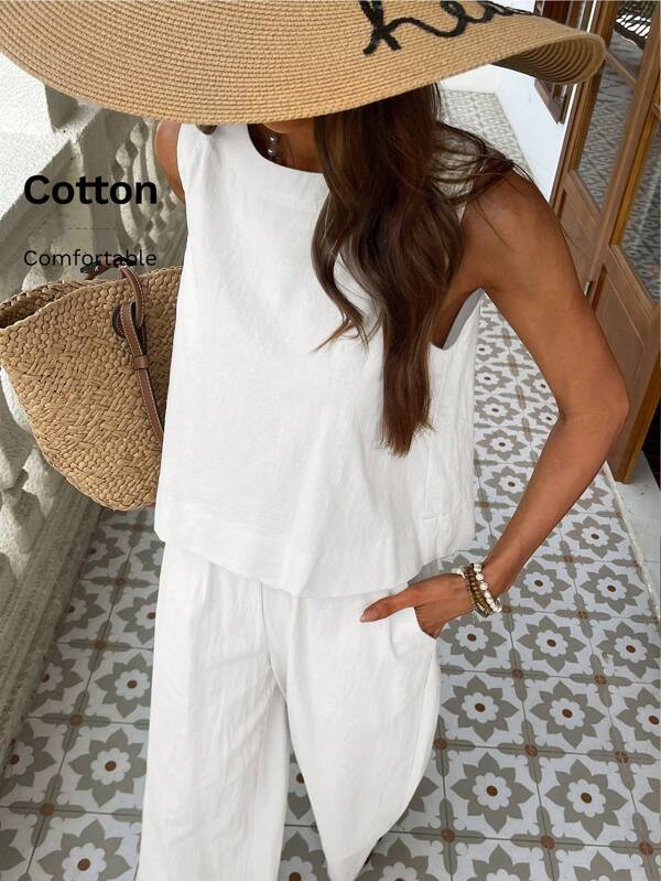 KARISMINA 2pcs/Set Women Solid Color Woven Fitted Tank Top & High Waist Loose Straight Pants Set Spring Outfits For Women Tropical Vacation Woman Clothes Linen