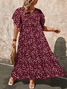 EMERY ROSE 大码女式优雅碎花宽松荷叶边袖 V 领长裙