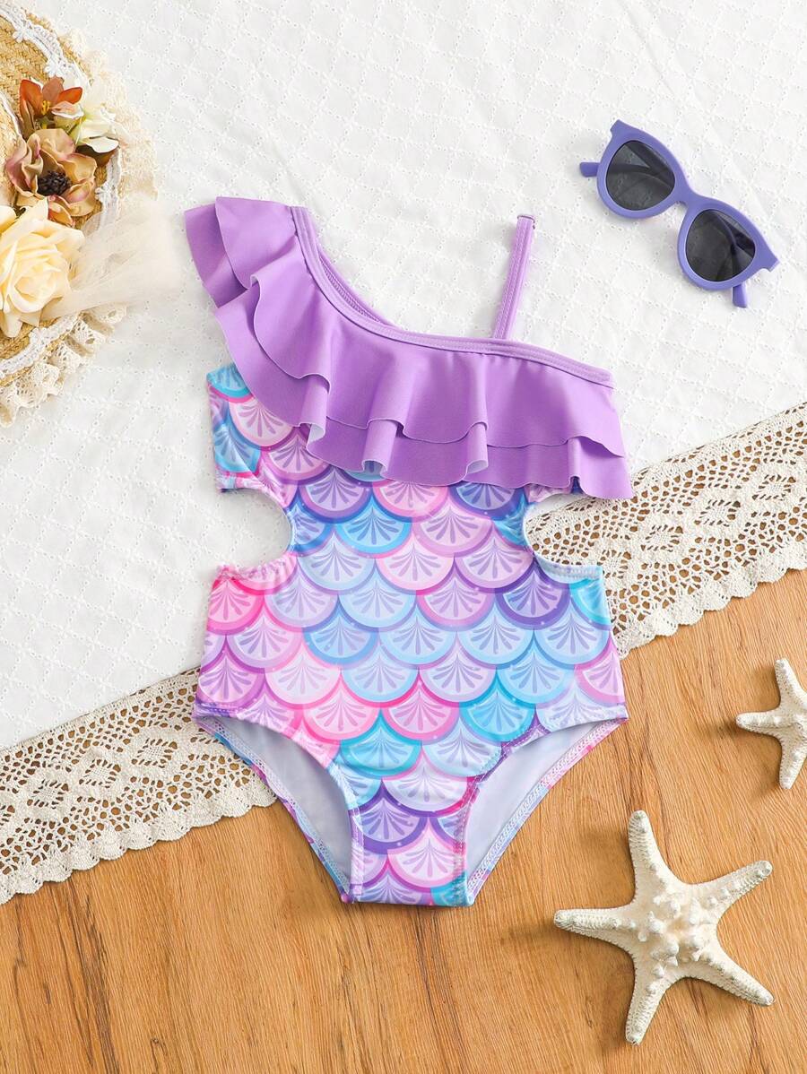 Baby Girl Mermaid Scale Print Asymmetrical Neck Hollow-Out One-Piece Swimsuit, Suitable For Beach Vacation