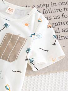 Cozy Pixies 2pcs/Set Baby Boy Cartoon Animal Graphic Soft Knit Turndown Collar Short Sleeve Top And Elastic Waist Shorts