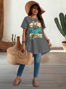 EMERY ROSE Plus Size Round Neck Regular Shoulder Short Sleeve Long T-Shirt, Mother's Days, Simple And Fashion Style, Suitable For Summer, Vacation Style, Casual Summer Vacations Woman, Boho Chic, Country Concert, Holiday Festivals, Beachs For Woman, Summers For Women,Old Money Style Women, Summer