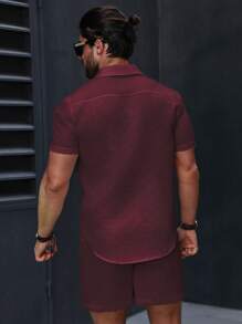 Manfinity Homme 2pcs/Set Men's Solid Color Short Sleeve Single-Breasted Shirt And Shorts Casual Outfit - Rusty Rose - View 2