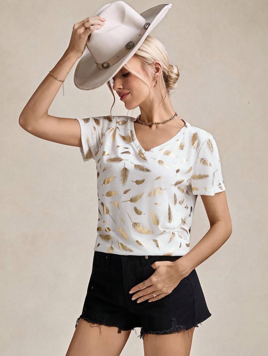 SHEIN LUNE Women's Casual Simple Fashion Foil T-Shirt - White - View 1