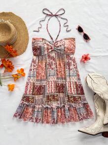 Soleia Đầm hở lưng mini in họa tiết nhiều màu sắc thời trang, buộc dây phía trước, eo xếp nếp, trang phục lễ hội âm nhạc - Nhiều màu - Xem 4