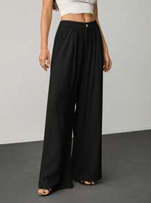 SHEIN Tall 夏季度假杏色竹纤维水洗梭织松紧腰女式休闲阔腿裤休闲度假基本款 - 黑色 - 查看 6