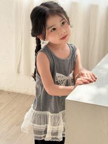 SHEIN Young Girl Casual Bowknot Ruffle Hem Sleeveless Round Neck Tank Top, Suitable For Summer - Grey - View 5