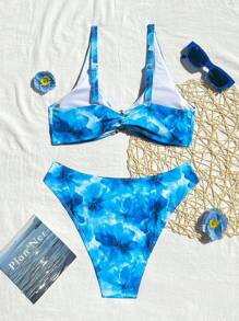 SHEIN Swim Springbreak 新款时尚随机印花粗肩带金属装饰扭背比基尼套装女式 - 彩色 - 查看 5
