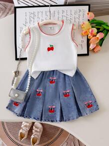 SHEIN 2 Pieces Young Girls Cute Round Neck Cherry Embroidered Sleeveless Top And Frilled Embroidered Denim Mini Skirt Set, Sweet & Playful Summer Outfit