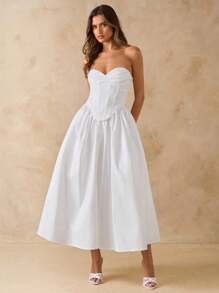 SHEIN BAE 纯白色优雅中长连衣裙，带蝴蝶结，修身休闲连衣裙，适合约会、度假、派对、生日、早午餐、婚礼嘉宾、伴娘、春夏季 - 白色 - 查看 5