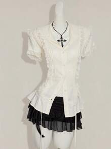 SHEIN ICON Y2k 女式西部乡村音乐会波西米亚嬉皮米色哥特夏季休闲蕾丝边衬衫