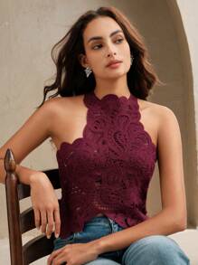 Anewsta 性感优雅不对称下摆钩针吊带背心，情人节适用，女士沙滩度假装，夏季，春季，海滩，度假装 - 酒紅色 - 查看 4