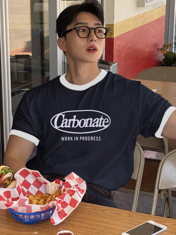 Summer Letter Print Color Block Short Sleeve T-Shirt For Men,Graphic Tees