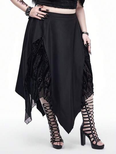 Goth Falda asimétrica con estampado de castillo en estilo jacquard gótico para tallas grandes