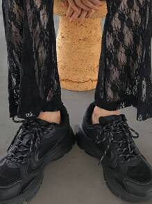 FRIFUL 女士时尚蕾丝面料紧身裤喇叭裤，透明夏季长裤 - 黑色 - 查看 3