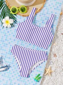 SHEIN Tween Girls Minimalist Spaghetti Strap Crop Top & Triangle Bikini Swimsuit Set, Suitable For Summer - Multicolor - View 2