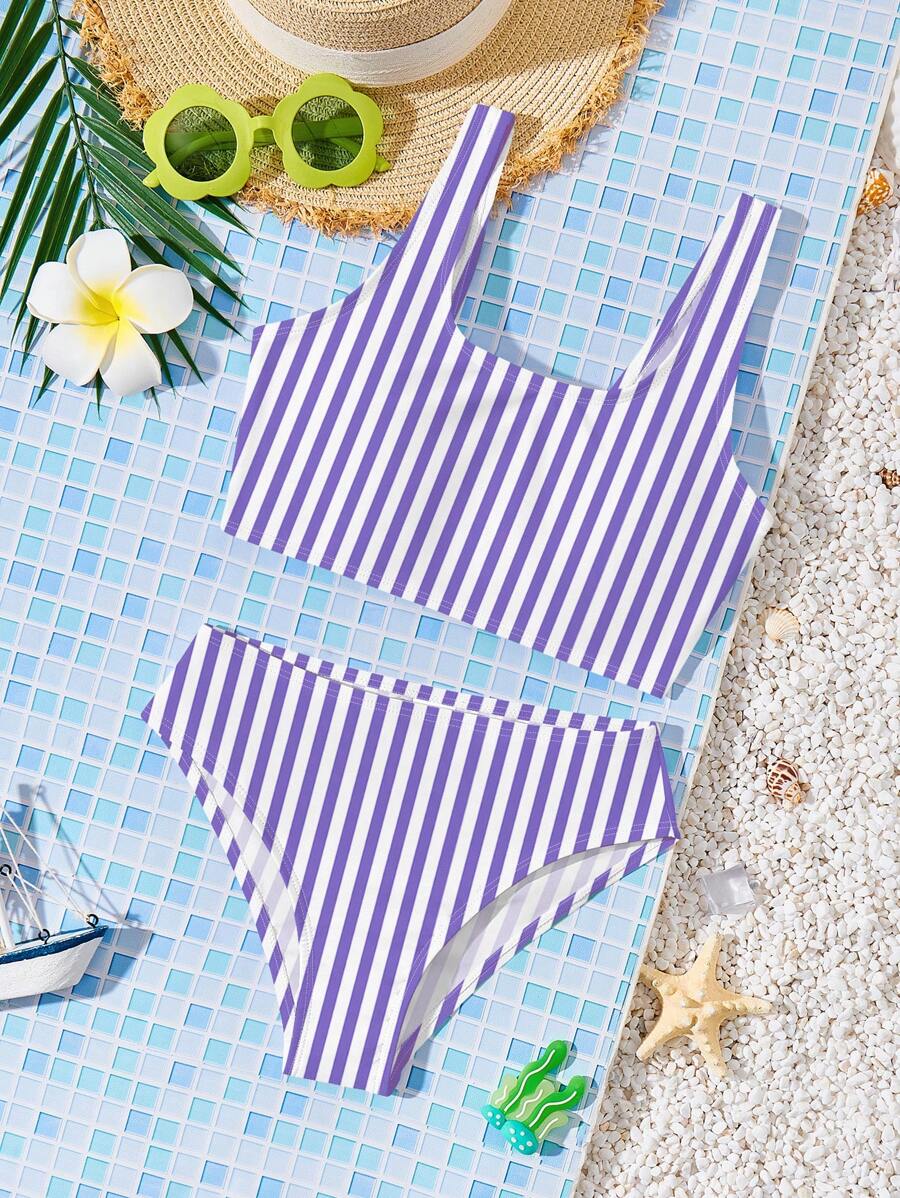 SHEIN Bộ đồ bơi bikini tam giác và áo crop top dây mảnh tối giản cho bé gái tuổi teen, phù hợp cho mùa hè - Nhiều màu - Xem 1