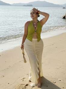 Flirla Parte superior tipo tirantes de verano para mujer talla grande, con escote profundo en V, hebilla de metal y espalda descubierta