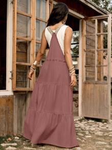 LanaWest 100% Cotton Women's Lace Patchwork Adjustable Strap Dress - Dusty Pink - View 2