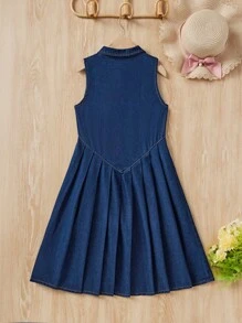 SHEIN Vestido jeans plissado estilo boho praia para meninas adolescentes com botões frontais, roupas de verão para meninas