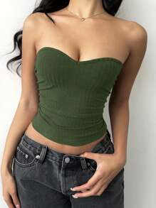 SHEIN BASICS Women's Casual Solid Color Knitted Fitted Tube Top - Army Green - View 4