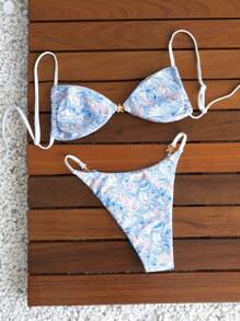 Swim Mod Mod Women Summer Holiday Ocean Print Beach Shell Element Accessories Spaghetti Strap Bikini Set - Multicolor - View 3