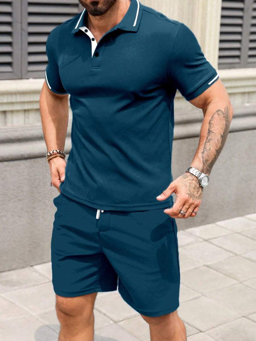 Manfinity Homme 2pcs Men's Contrast Color Half-Zip Summer Short Sleeve Polo Shirt And Drawstring Shorts Suit - Cadet Blue - View 1