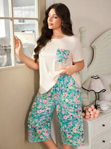 SHEIN Bộ đồ ngủ tay ngắn in họa tiết hoa cỡ lớn dành cho nữ và quần dài 3/4 mùa hè, trang phục - Nhiều màu - Xem 4
