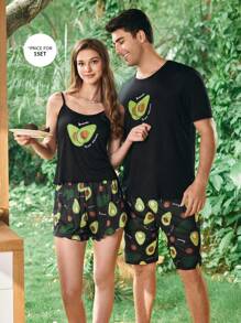 CoupledUp Conjunto de pijama informal de hombre de manga corta y pantalón corto con estampado de aguacate