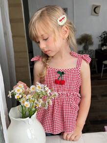 SHEIN 2 件套女童休闲可爱红色格子吊带蝴蝶结上衣和水洗蓝色牛仔短裤套装 - 紅色 - 查看 3