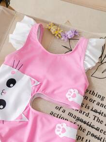 SHEIN Traje de baño de una pieza con mangas cortas y decoración de gato hueco para niñas jóvenes