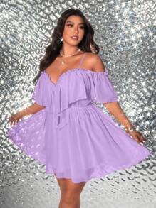 Viva Relle Plus Size Women's Solid Color Off-Shoulder Elegant Ruffled Hem Dress - Mauve Purple - View 5