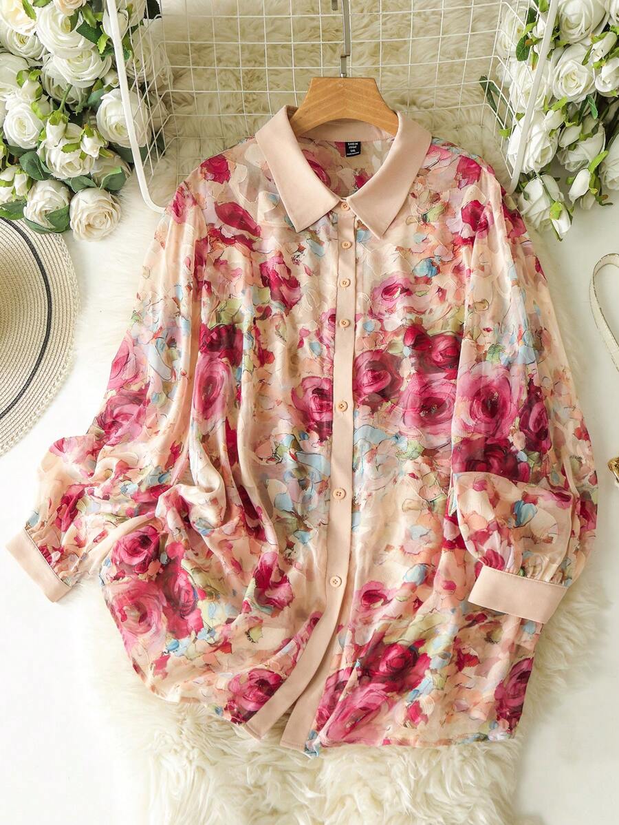 Lacomfia Áo dài tay in hoa cỡ lớn - Nhiều màu - Xem 1