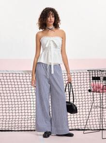 SHEIN MOD Women's White Bandeau Top With Bowknot & Frills, Cute - White - View 3