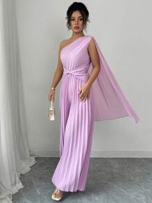 Elenzga Elegant Asymmetrical Neck Flounce Cinched Waist Wide Leg Romper For Women - Purple - View 6