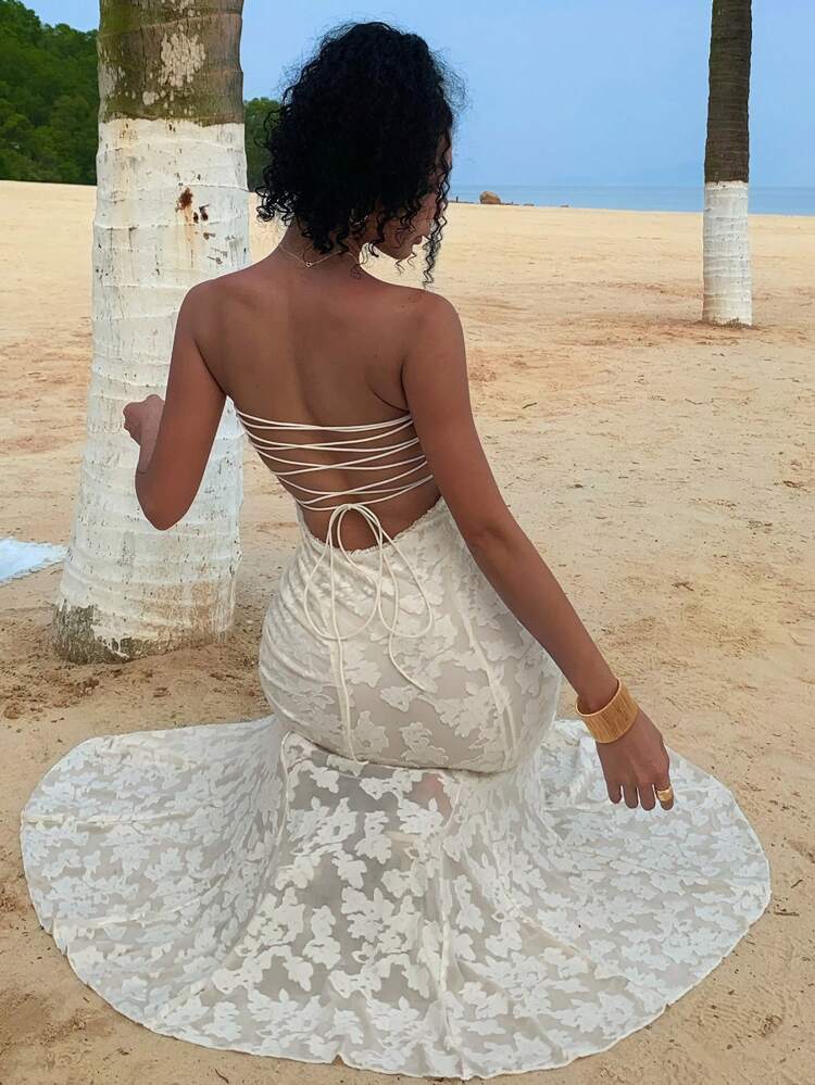 evening beach wedding guest dresses Elegant V-neckline Mermaid Lace Long Wedding Dress, Beach Bridal Gown   Cutedressy