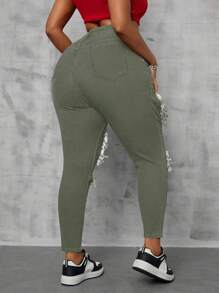 SHEIN Unity 大码女式弹力蓝色破洞紧身牛仔裤 - 綠色 - 查看 2