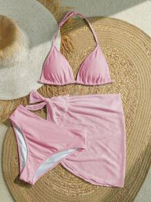 SHEIN 少女三件套白色比基尼沙滩泳装套装 - 粉色 - 查看 7