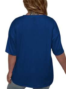 SHEIN CURVE+ 大码纯色半袖 T 恤，夏季休闲 V 领 T 恤，女士大码服装图案 T 恤女式上衣 - 黑色 - 查看 2