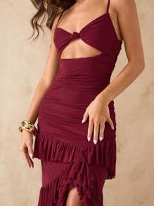 SHEIN BAE 女式纯色酒红色高开衩露背荷叶边下摆网眼连衣裙，适合海滩度假、约会、早午餐、婚礼宾客穿着，春夏季 - 酒紅色 - 查看 7