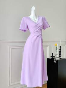 SHEIN Clasi Abito elegante da cerimonia con vita stretta, scollo a V, stile francese, nuova collezione primavera/estate 2025