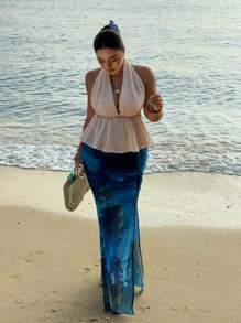 Flirla Plus Size Women's Elegant Pineapple Pattern Patchwork Accessory Design Halter Neck Tie Tank Top, Stylish For Spring/Summer Beach Holiday - Apricot - View 2