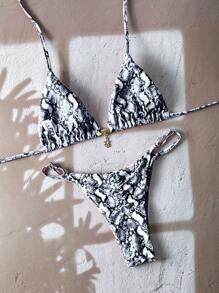 Swim Vcay Women Summer Snake Skin Print Pendant Neck Tie Bikini Swimsuit Sets, Beach Vacation Outfits - Multicolor - View 4